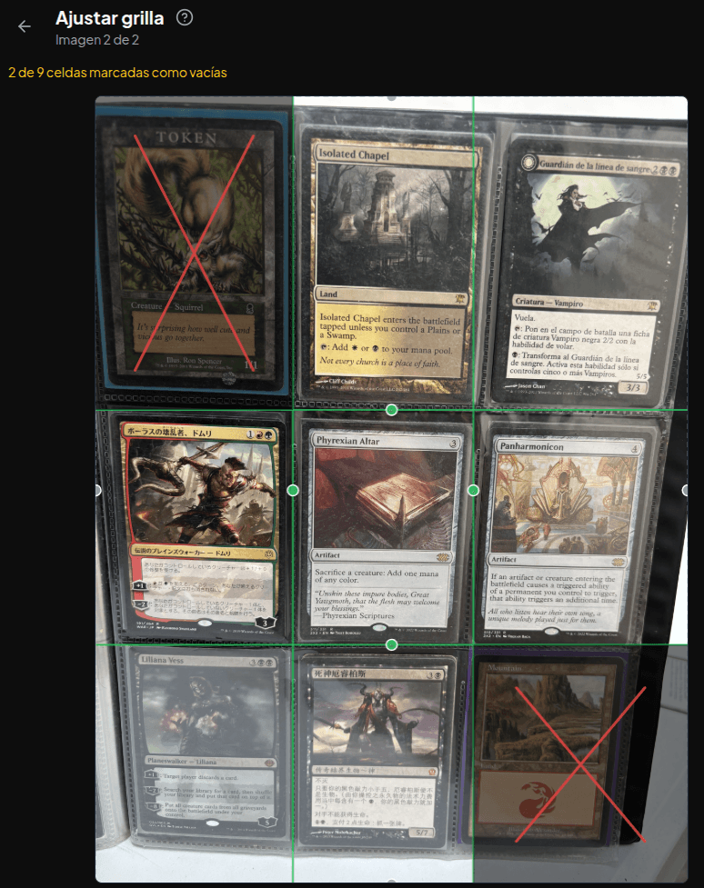 Interfaz de ajuste de grilla del scanner — el usuario arrastra las líneas para alinearlas con los bolsillos del binder