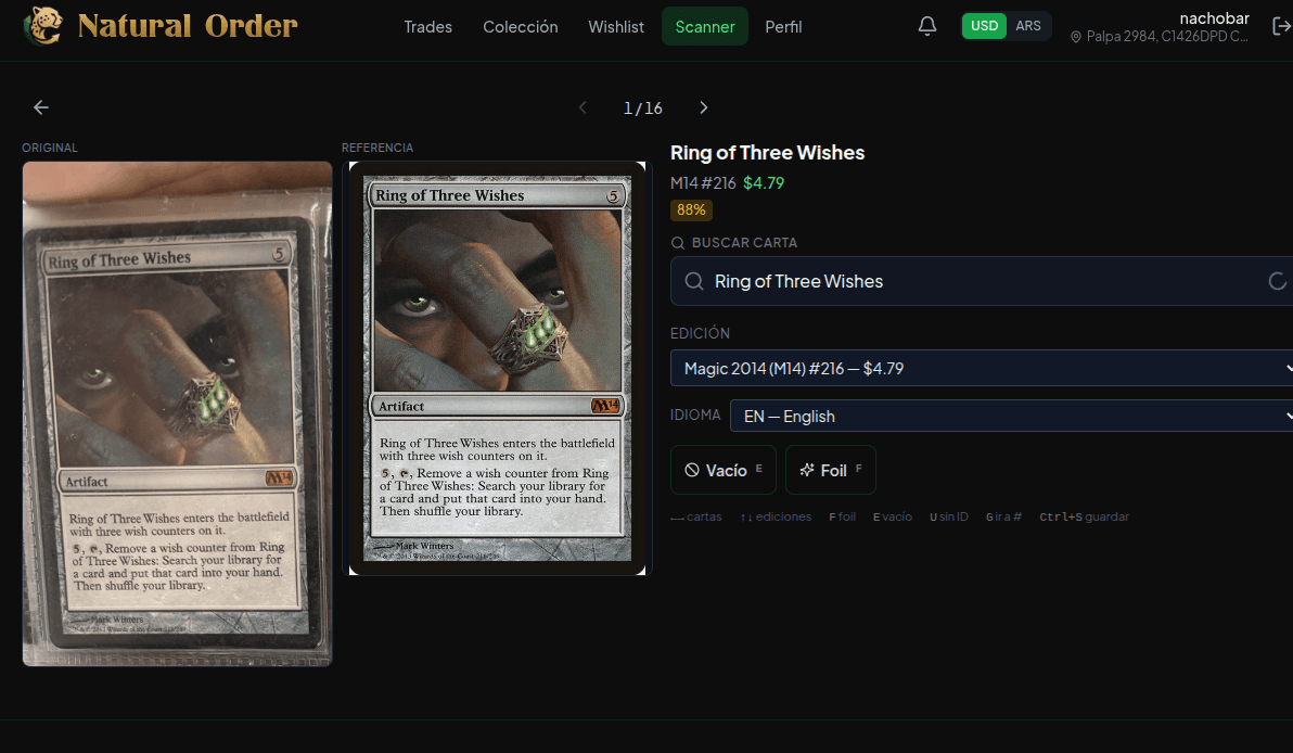 Vista de revisión comparando la foto real del binder con la carta identificada por el scanner