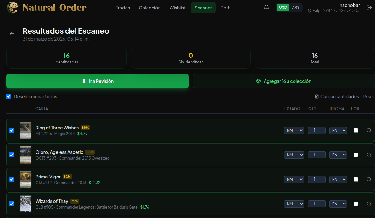 Resultados del scanner mostrando las cartas identificadas con nombre, edición y badge de confianza